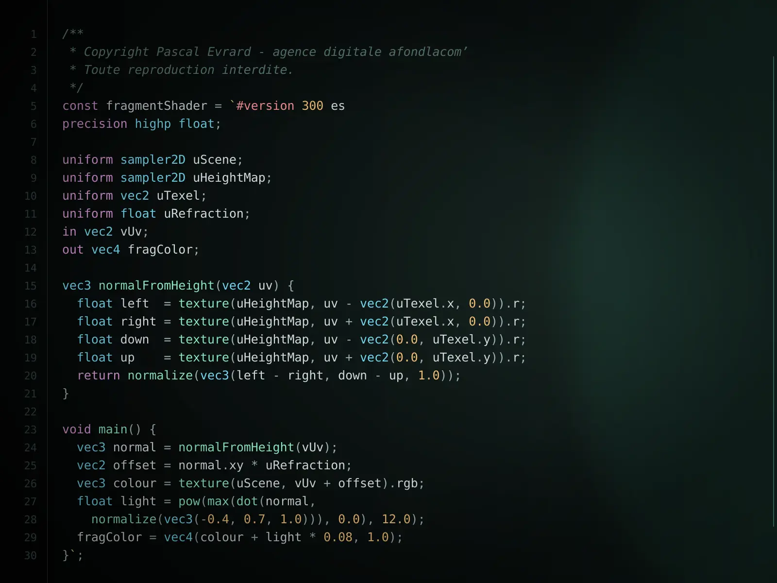Extrait du moteur WebGL développé par Pascal Evrard pour l’agence afondlacom’, avec calcul des effets de réfraction et d’ondulation