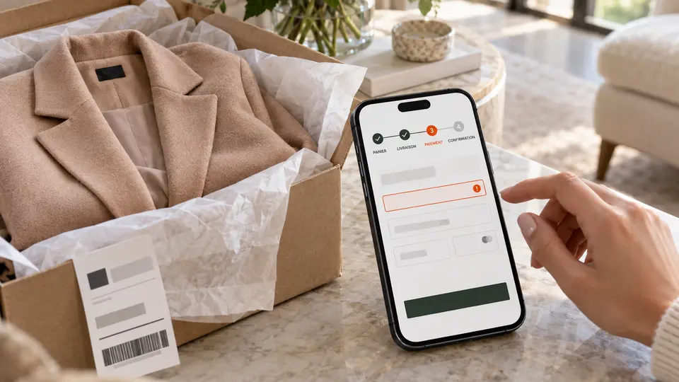 Parcours d’achat de mode féminine et étapes de commande sur mobile