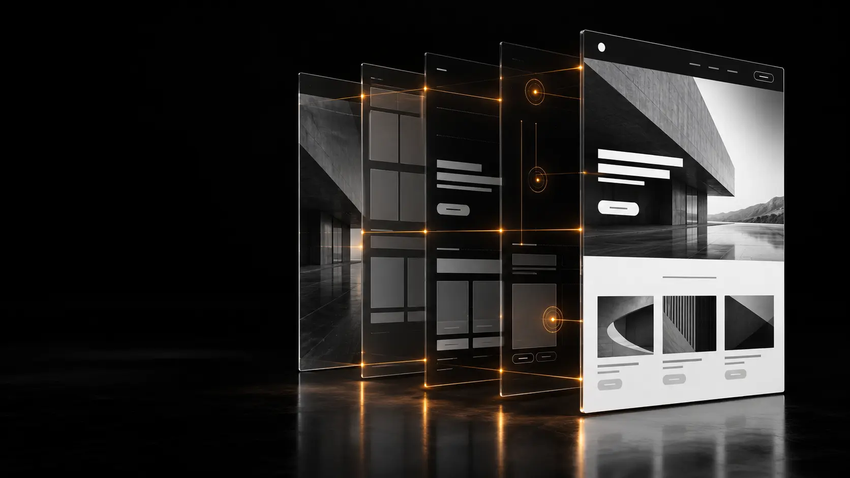 Conception d’un site web premium présentée en couches successives, de la structure au rendu final