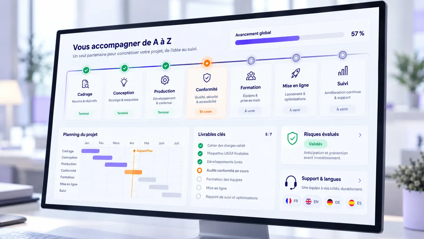 Tableau de suivi présentant l’accompagnement complet d’un projet, du cadrage jusqu’au support