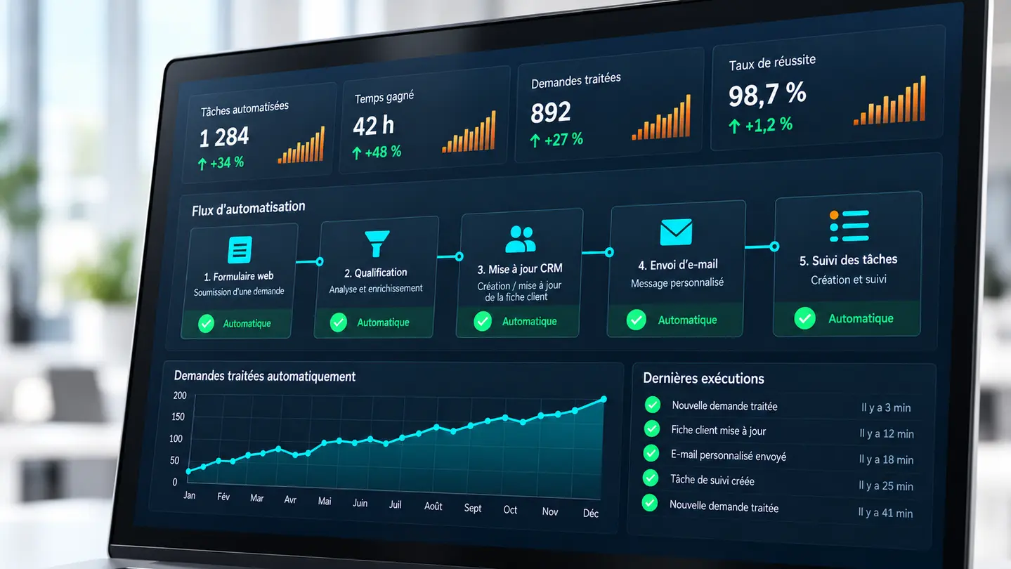 Tableau de pilotage illustrant un flux automatisé, du formulaire au suivi des tâches