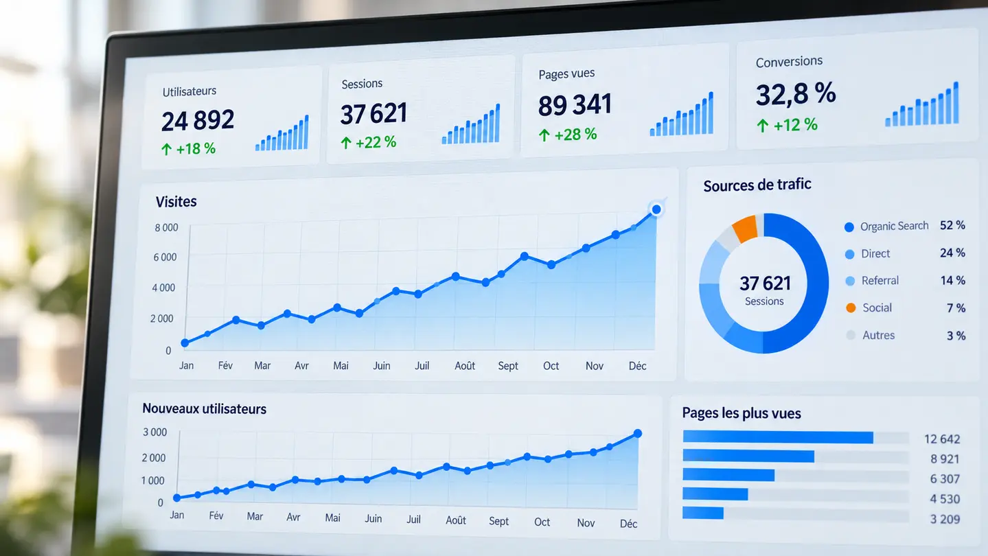 Tableau de suivi montrant la progression de la visibilité, du trafic et des conversions